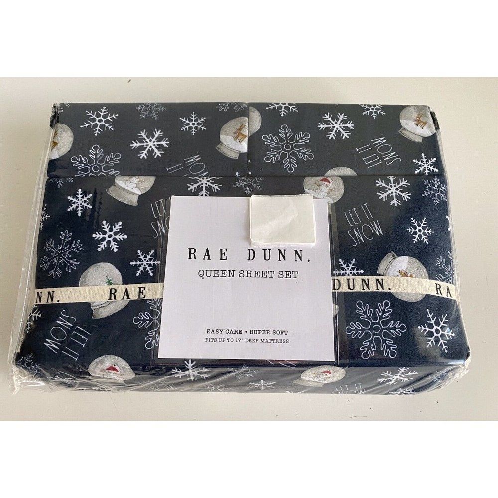 Rae Dunn SnowGlobes Snowflakes Christmas Holiday Soft Queen Sheet Set 4 Piece